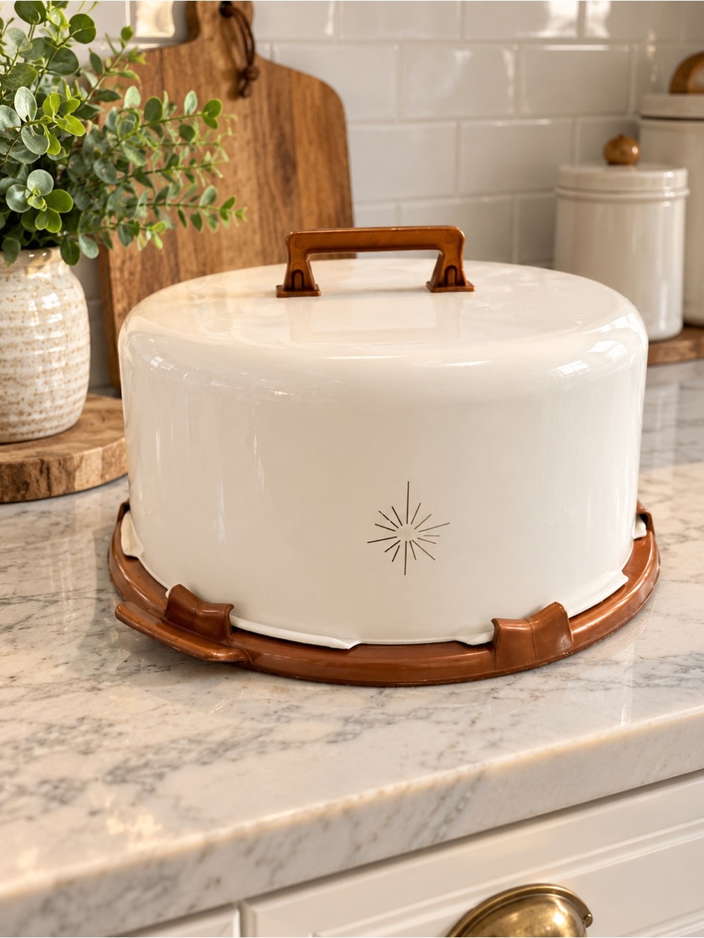 Vintage Cream & Brown Cake Carrier / Cake Keeper with Handle